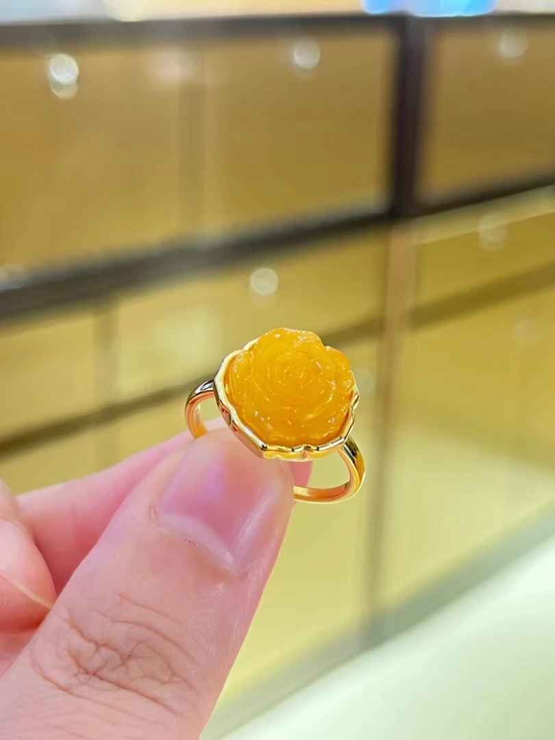 天然琥珀老蜜蜡玫瑰花戒指265