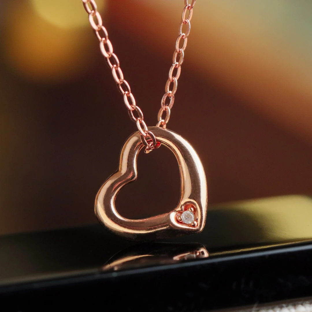 18K金镶嵌玫瑰金爱心挂坠女款项链 赠银链