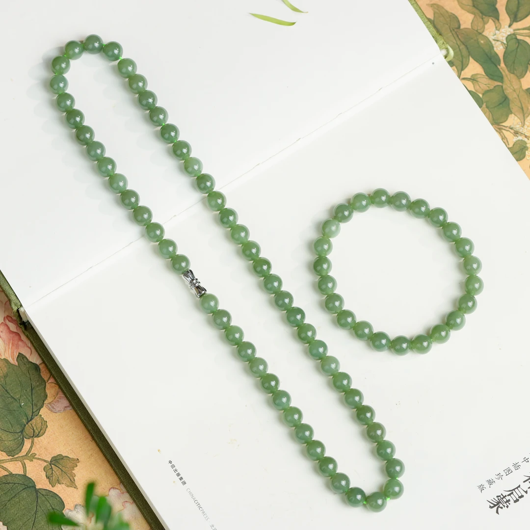 和田玉青玉圆珠百搭女款套装（青玉手串+青玉妈妈链）