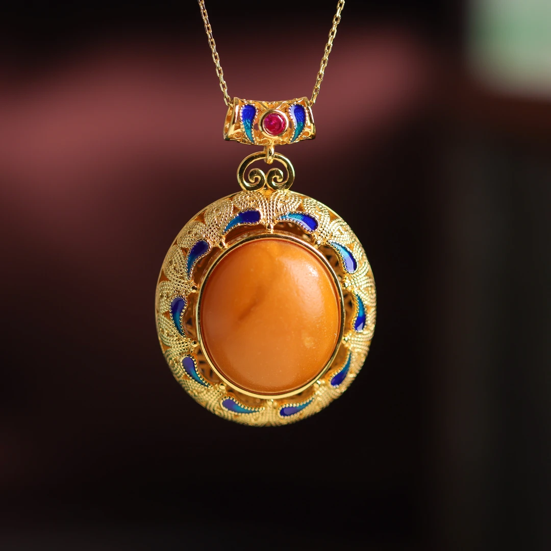 S925银镀金镶嵌琥珀蜜蜡镂空蛋面国潮国风精美女款吊坠 不含链