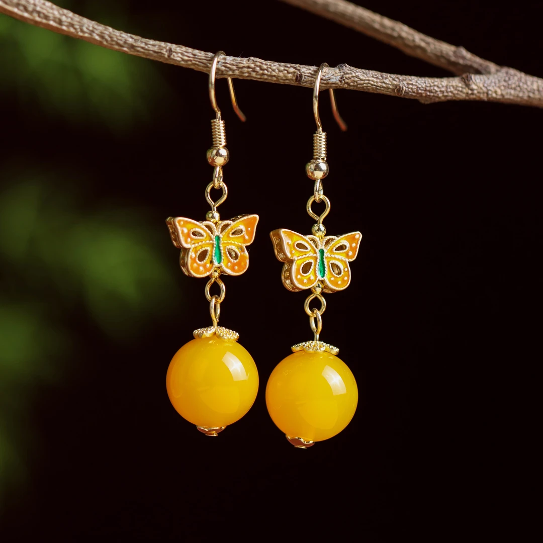 玛瑙黄玛瑙蝴蝶圆珠宫廷风民族风精致送礼女款耳坠