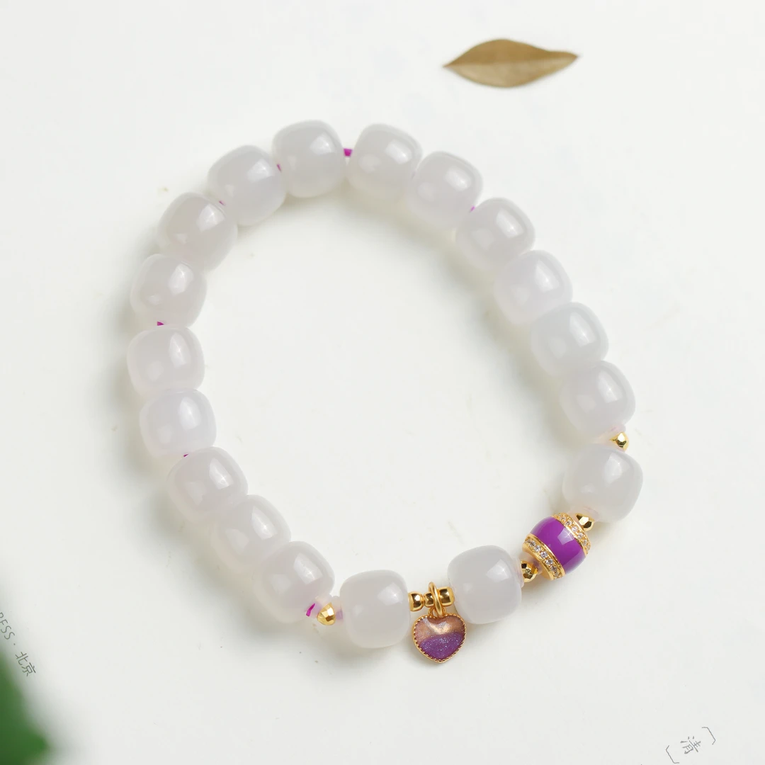 和田玉烟紫玉老型珠爱心时尚轻奢简约女款单圈手串