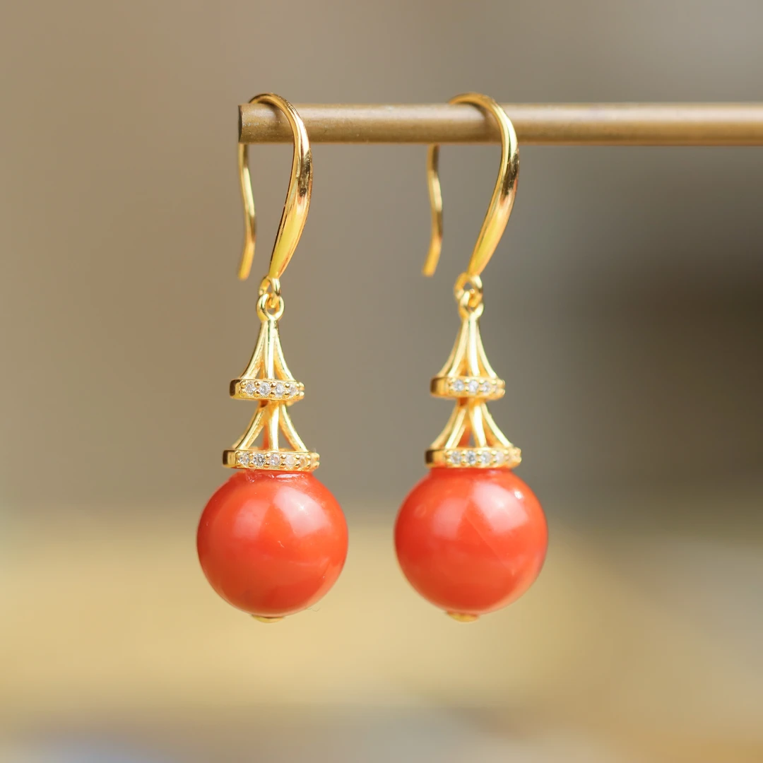 S925银镀金镶嵌南红玛瑙圣诞帽圆珠宫廷风民族风女款耳坠