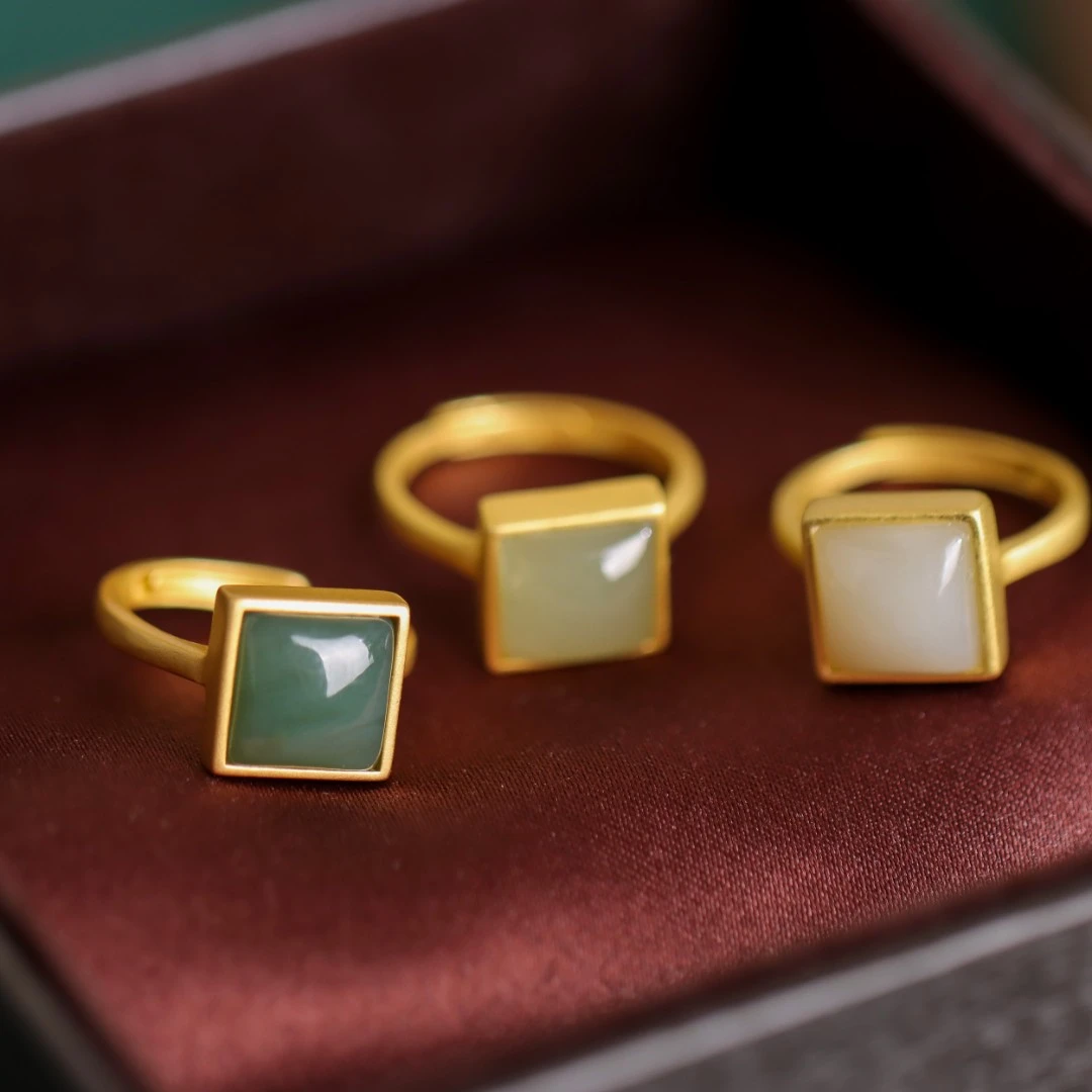 S925银镀金镶嵌和田几何女款戒指 （多样性发货 发其一）