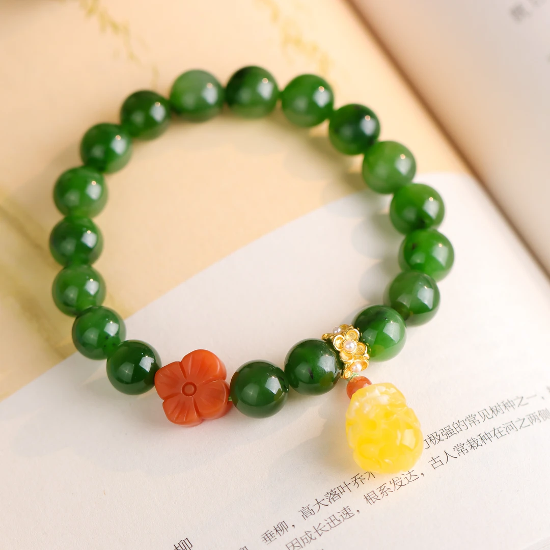 和田玉碧玉圆珠蜜蜡貔貅精美手工时尚百搭女款单圈手串