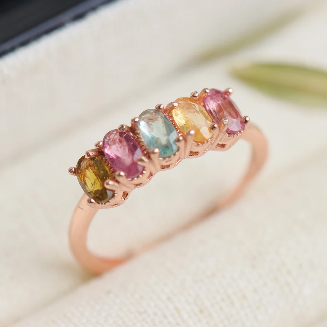 S925银玫瑰金镶嵌碧玺毛毛虫经典款气质百搭女款戒指