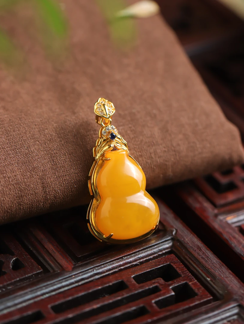 S925银镶嵌琥珀蜜蜡葫芦国潮国风送礼女款吊坠 不含链