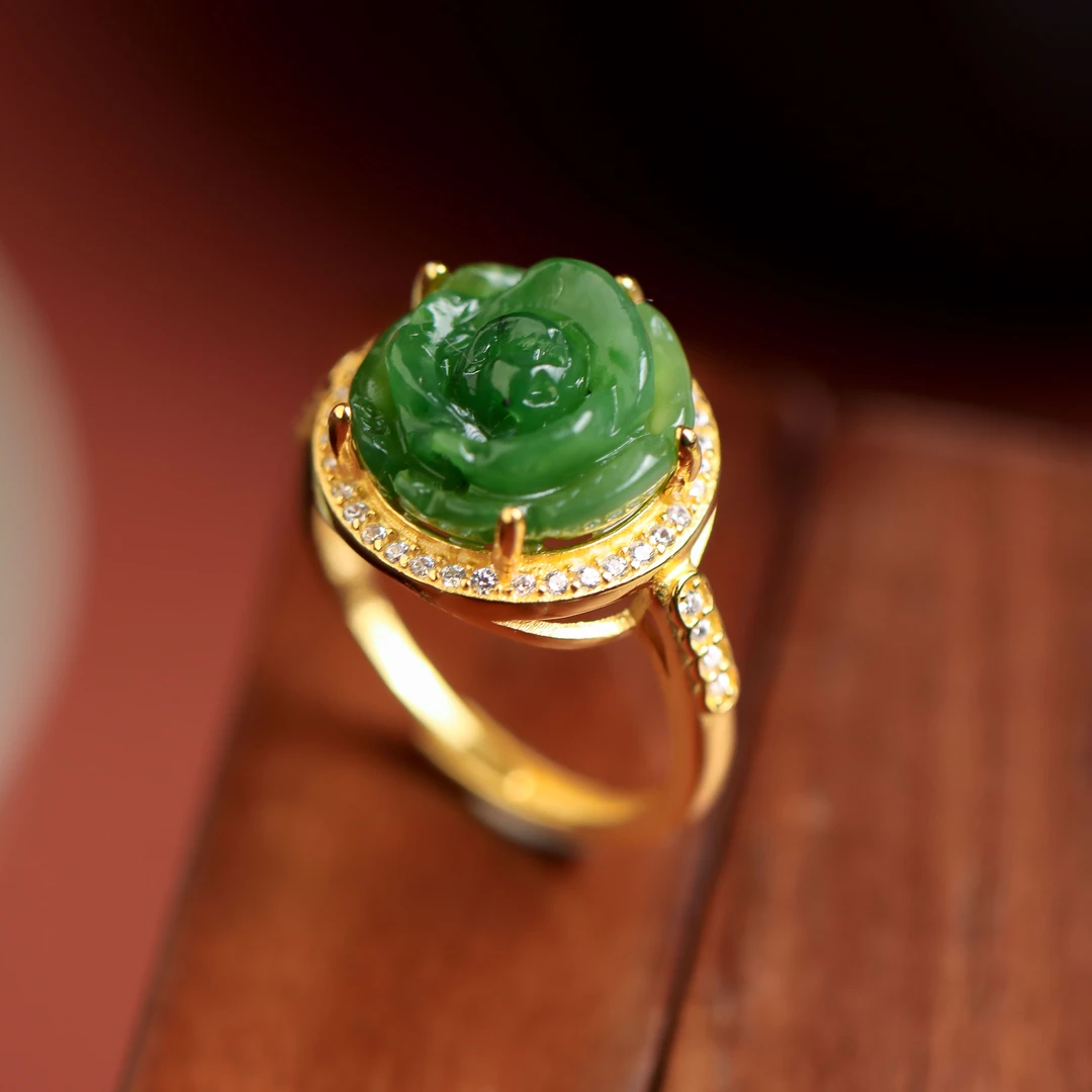 S925银镀金镶嵌和田玉碧玉玫瑰花民族风气质女款戒指