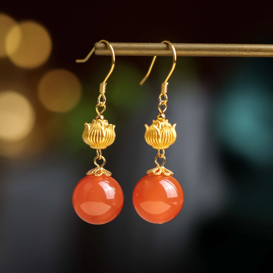 S925银镀金镶嵌玛瑙禅莲圆珠手工DIY精致送礼女款耳坠