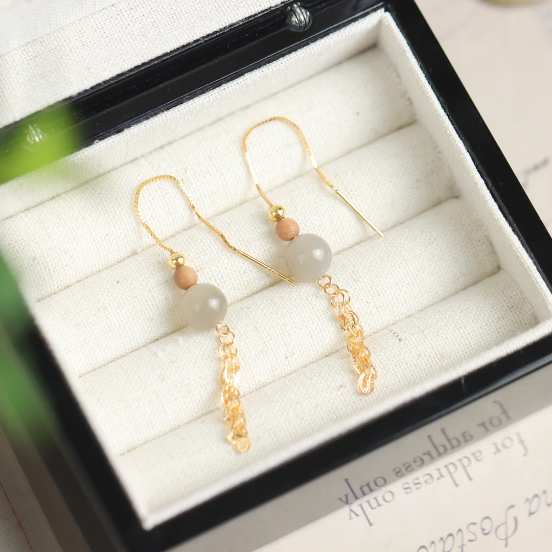 S925银镀金镶嵌和田玉烟紫玉圆珠流苏国风DIY气质送礼女款耳线