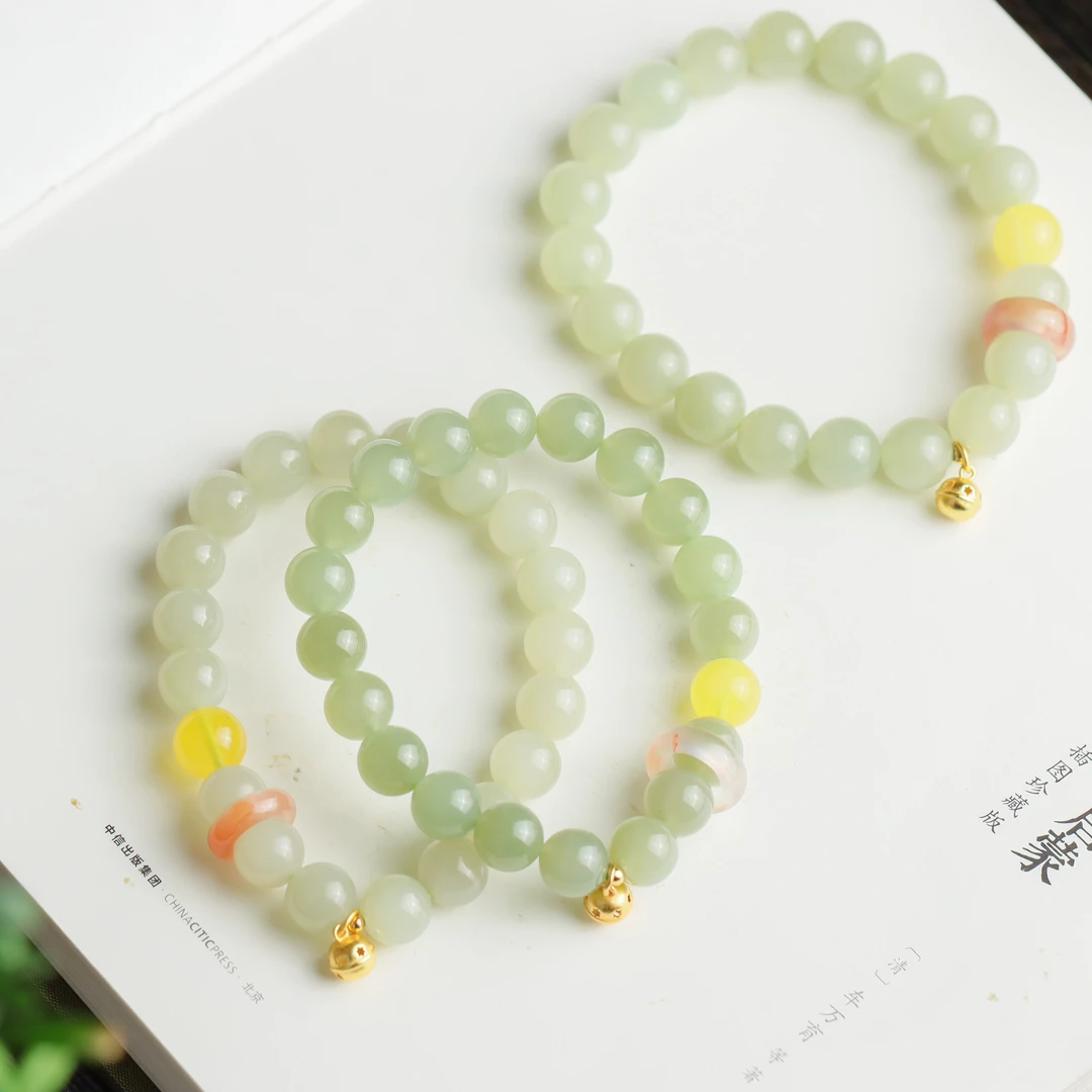 和田玉青玉圆珠铃铛diy百搭女款单圈手串（多样性发货 发其一）
