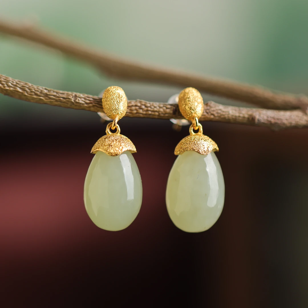 S925银镀金镶嵌和田玉青玉福瓜国潮国风女款耳坠耳饰