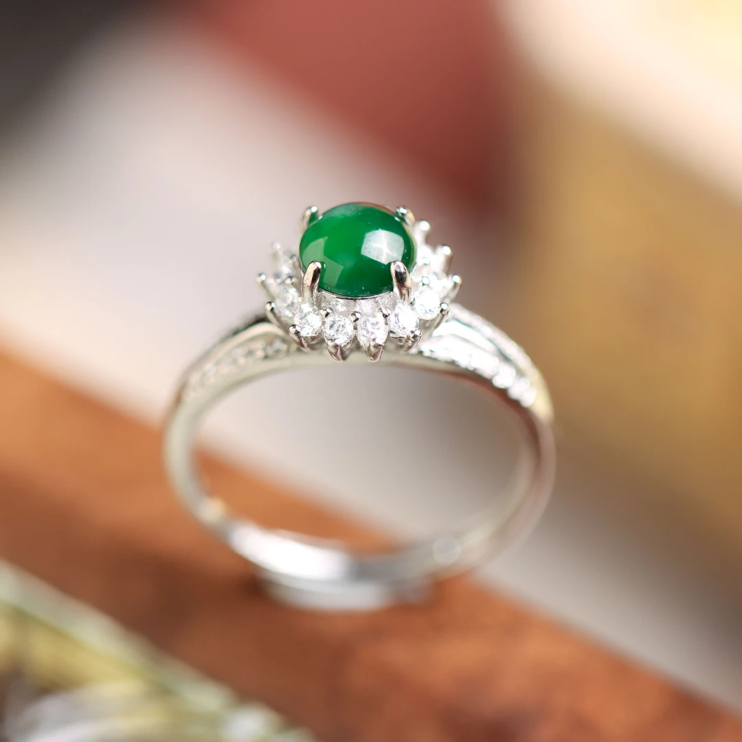 S925银素银镶嵌圆面翡翠气质百搭时尚送礼女款戒指