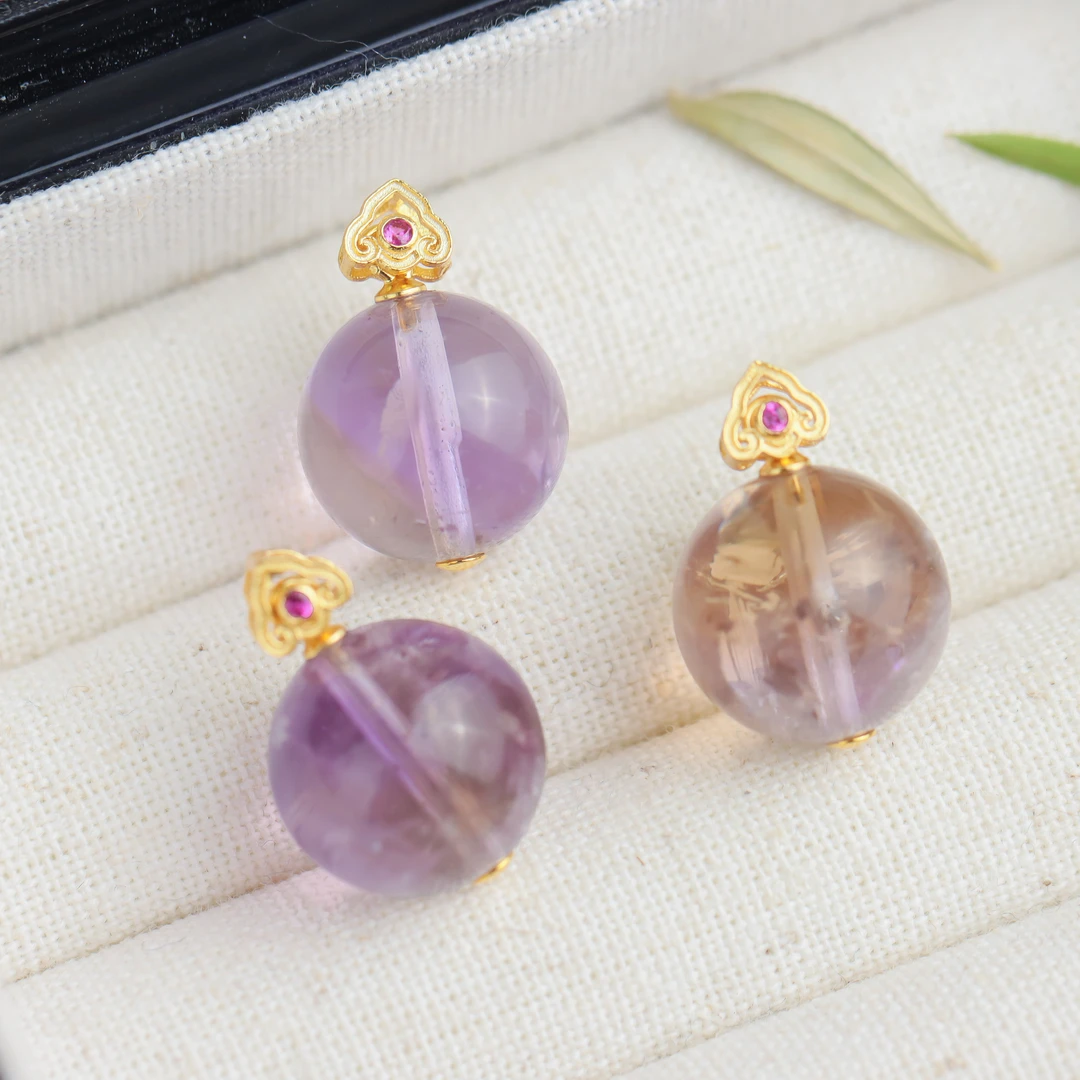 S925银镀金镶嵌紫水晶圆珠吊坠13mm± 不含链（多样性 发其一）