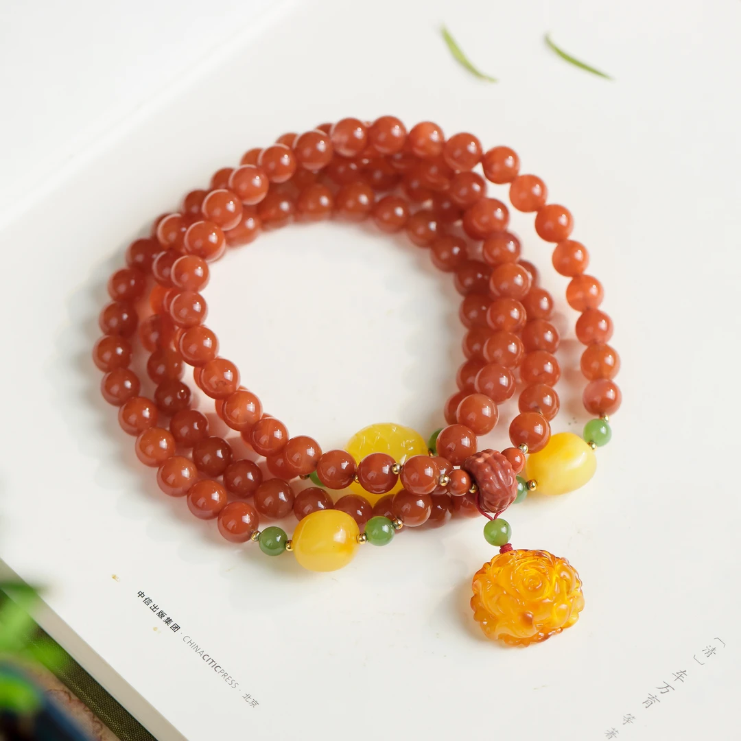 南红玛瑙圆珠牡丹花龟甲富甲天下手工DIY男女款多圈手串