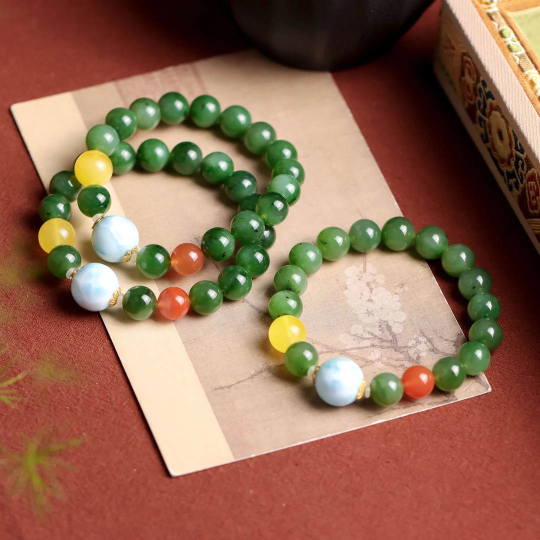 和田碧玉圆珠百搭送礼女款单圈手串（多样性发货 发其一）