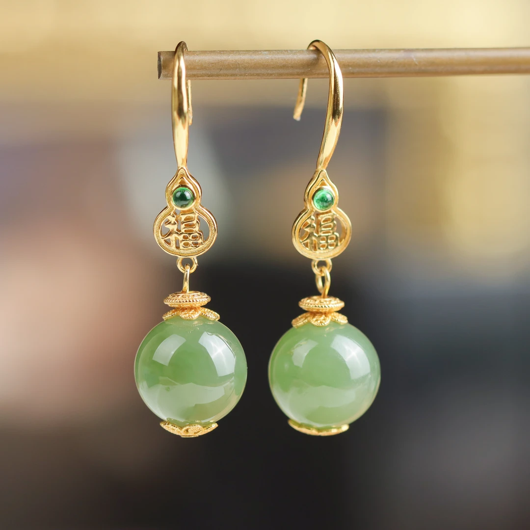S925银镀金镶嵌和田玉葫芦民族风送礼女款耳钩珠宝