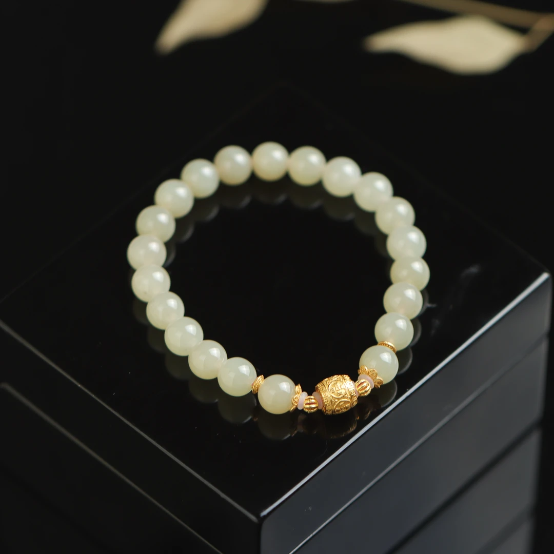 和田玉藕粉圆珠路路通国潮手工DIY送礼女款单圈手串