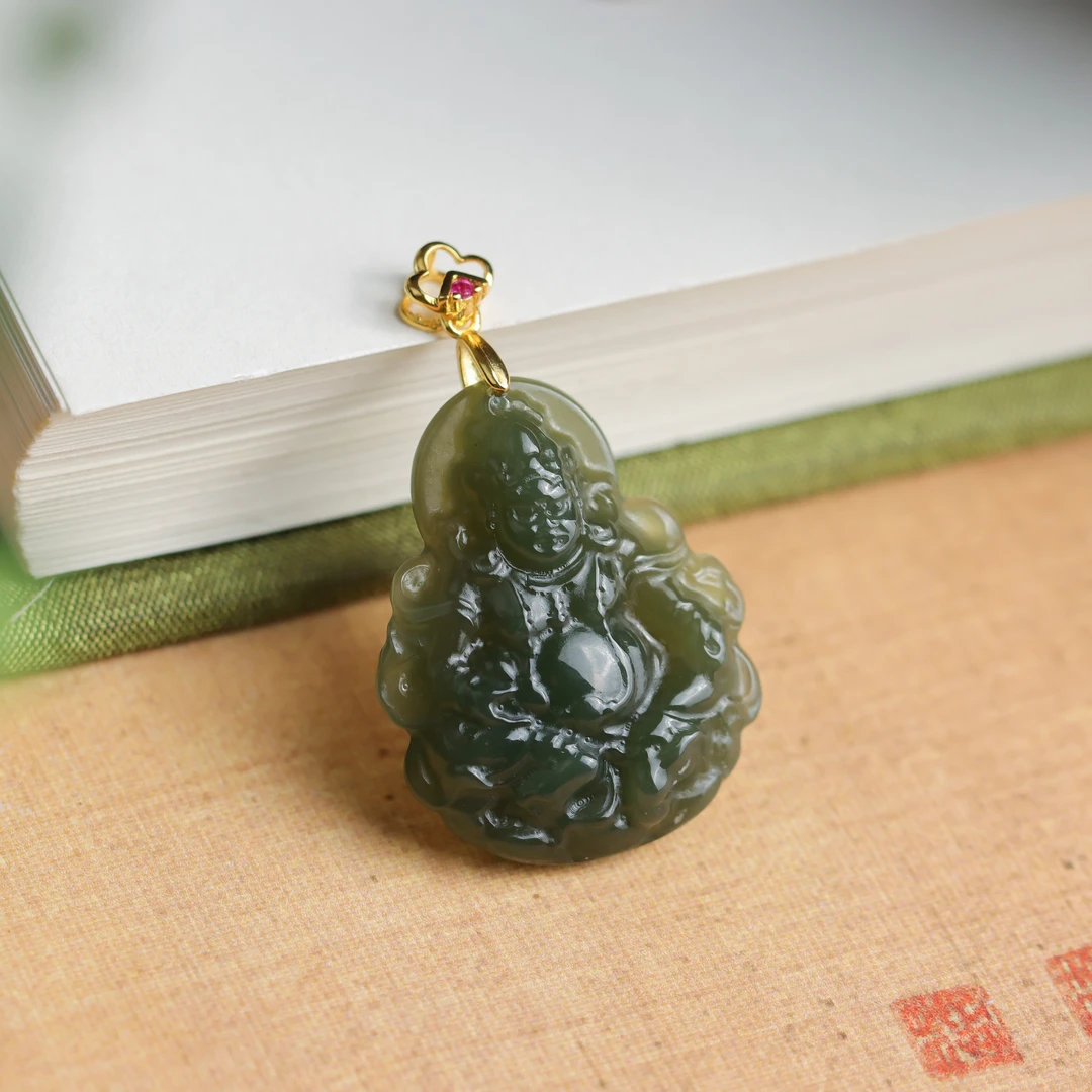 S925银镀金镶嵌和田玉青玉黄财神民族风百搭女款吊坠（不含链）
