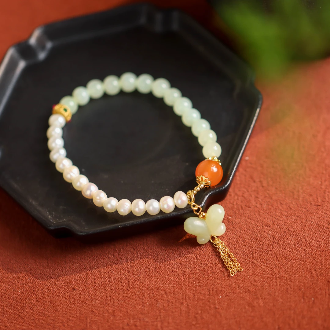 和田玉青玉蝴蝶国潮国风气质送礼手工DIY女款单圈手串