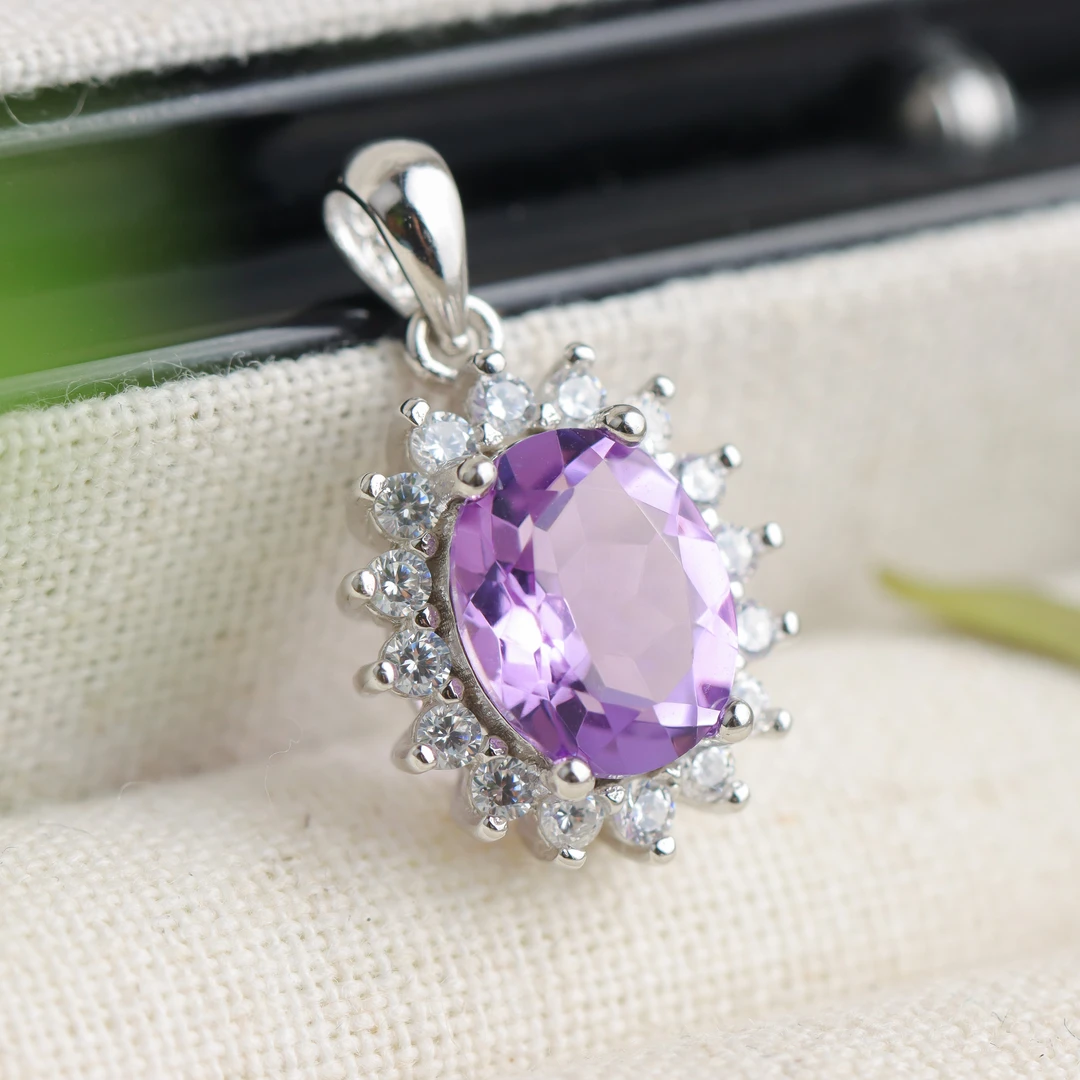 S925银素银镶嵌紫水晶蛋面气质时尚轻奢女款吊坠 不含链