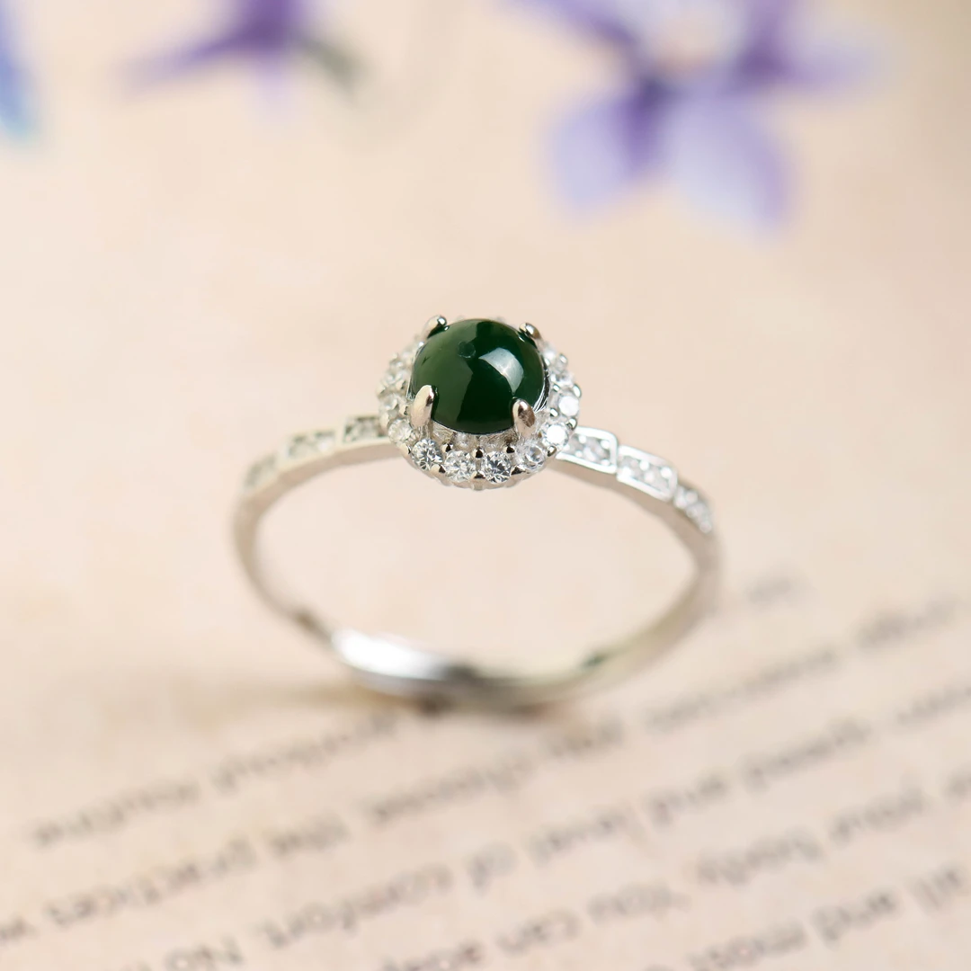 S925银素银镶嵌翡翠圆珠女款戒指