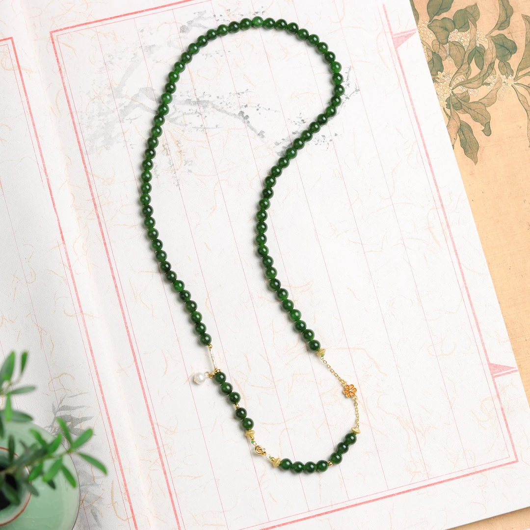 和田玉碧玉圆珠花瓣小滴溜手工diy百搭气质女款毛衣链