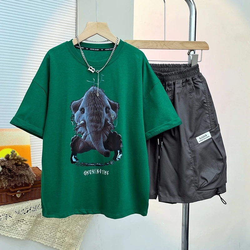 男童夏季套装2024新款中大童时尚潮流印花绿色T恤休闲短裤两件套