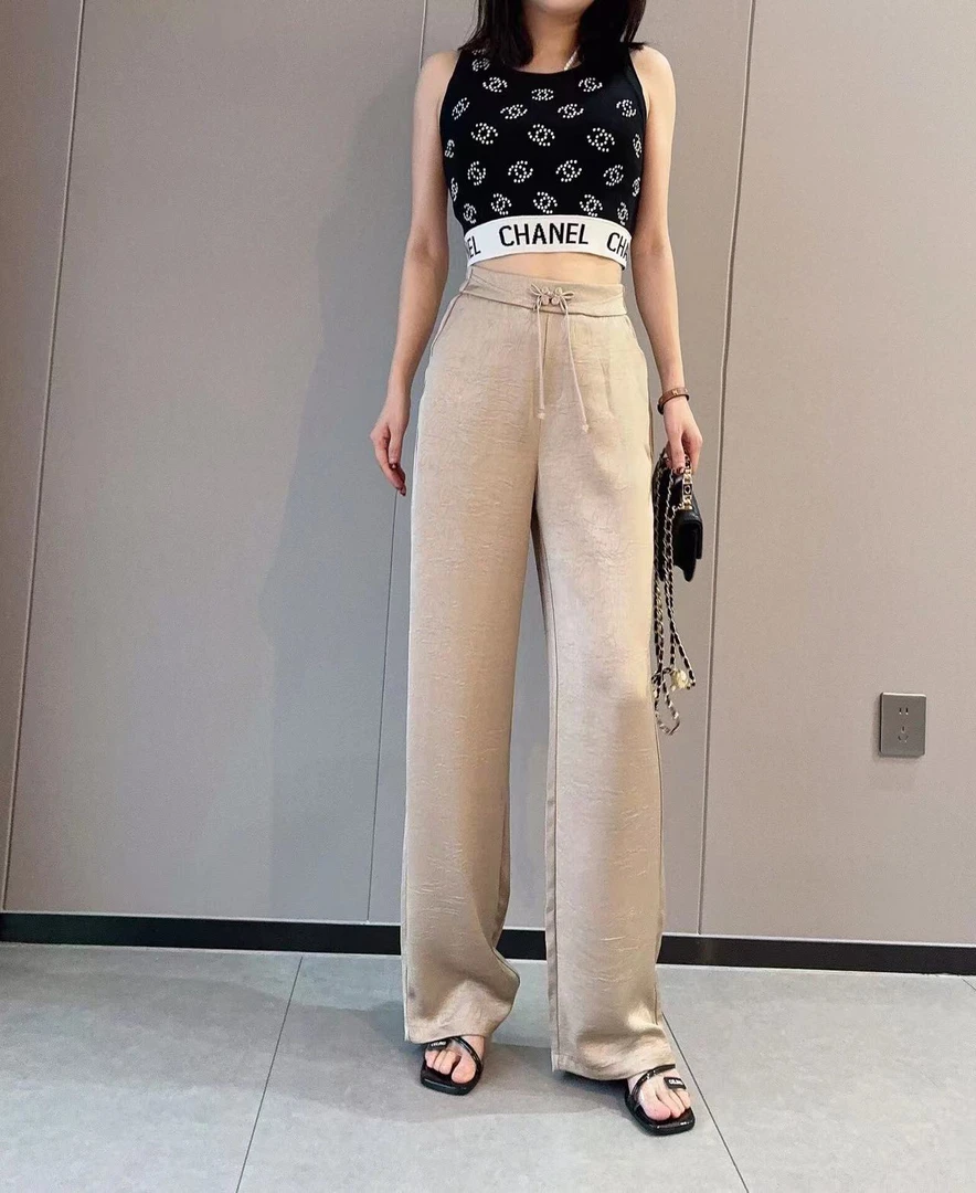 （399）女夏季2024新款新中式高腰垂感窄版缎面直筒休闲裤子显瘦