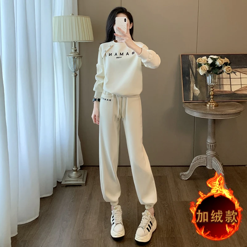 欧货时尚加绒加厚运动套装女冬新款字母印花圆领卫衣束脚裤两件套