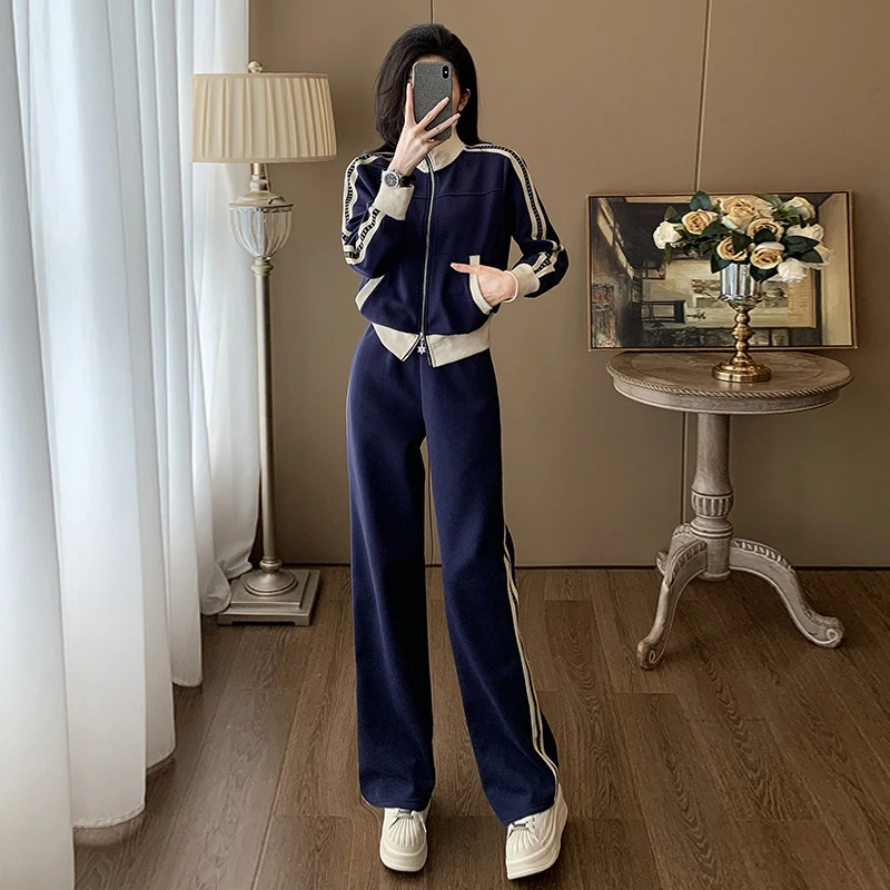 高级感时尚休闲套装女秋季撞色拼接短款修身外套阔腿运动裤两件套