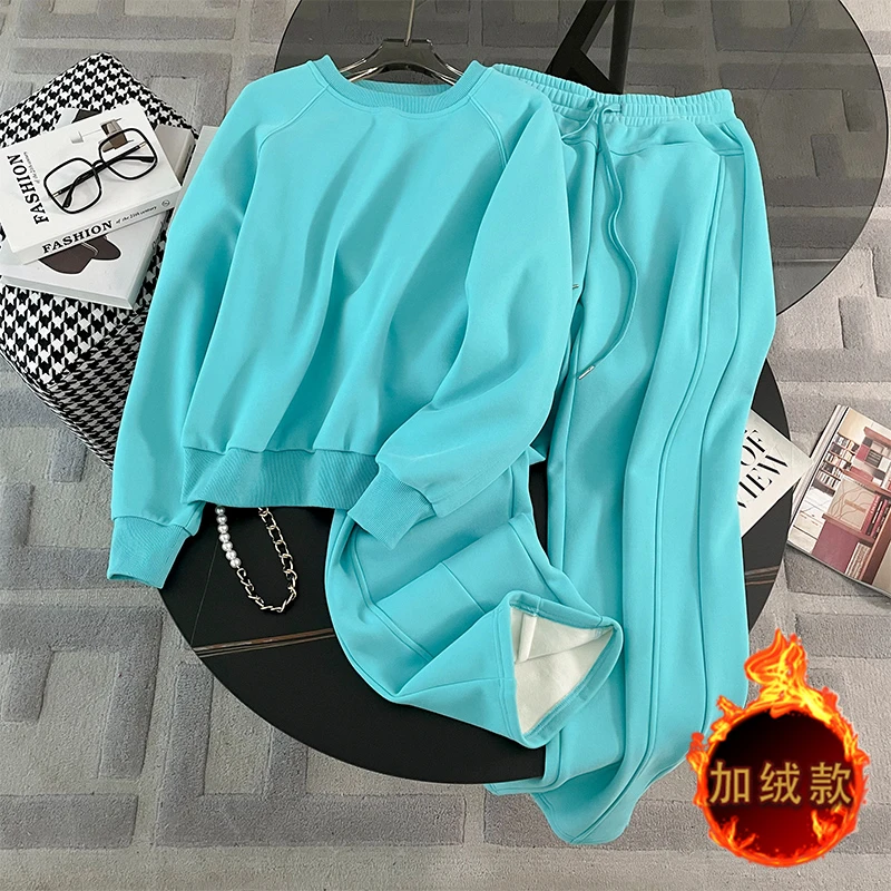 高级感休闲运动套装女秋冬加绒加厚时髦显瘦圆领卫衣阔腿裤两件套