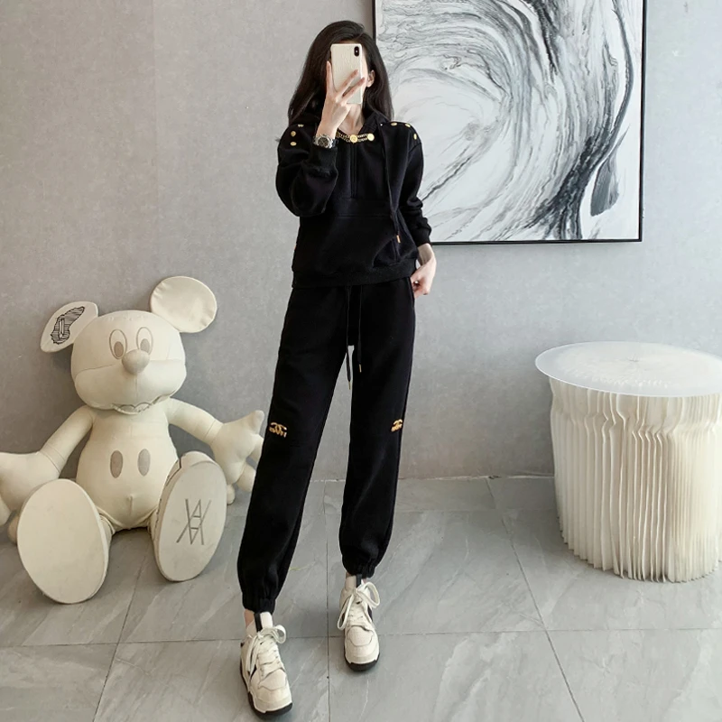 欧洲站运动套装女秋季2023新款韩版时尚抽绳连帽卫衣束脚裤两件套