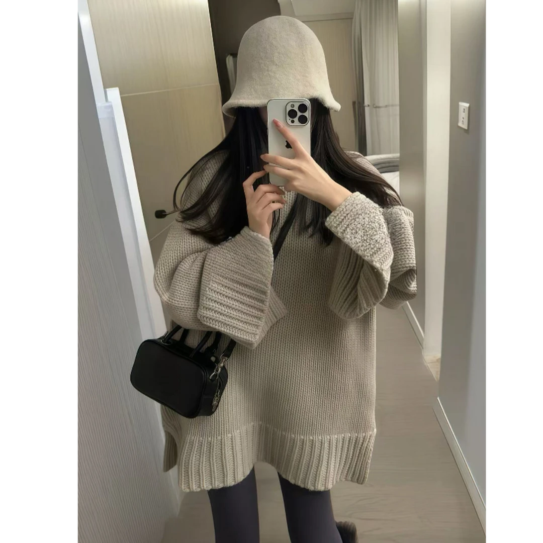 慵懒松弛感圆领针织衫毛衣女2024秋冬新款软糯高级感上衣显瘦裤子