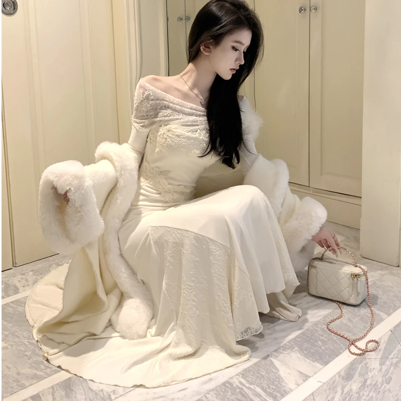法式温柔气质修身斜肩鱼尾长裙拼接软蕾丝连衣裙毛绒毛领斗篷外套