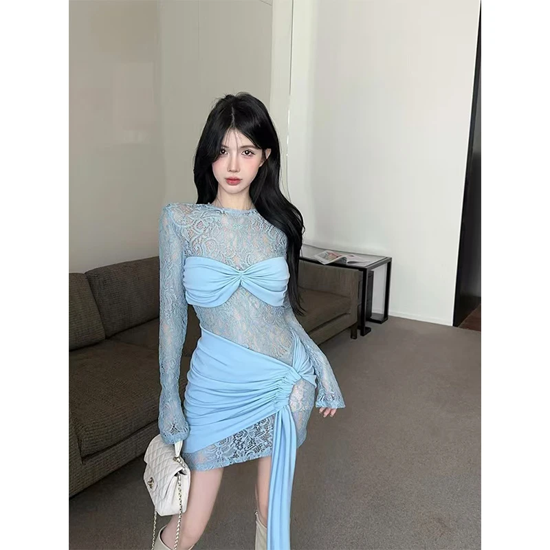 2024秋季新款欧美风辣妹蓝色连衣裙蕾丝拼接网纱显瘦高级感包臀裙