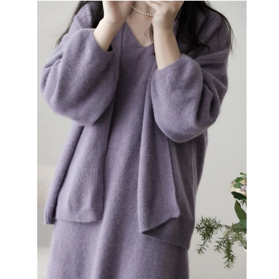 法式气质女神范穿搭高级感小香风宽松慵懒感紫色外套显瘦连衣裙