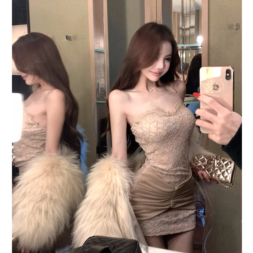 纯欲风蕾丝拼接抹胸连衣裙2025春季新款名媛收腰性感宴会礼服裙子