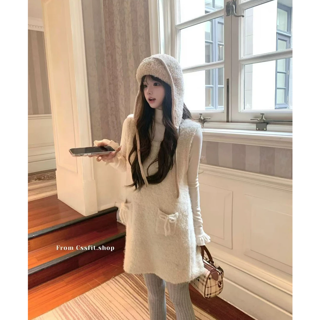 韩系甜美少女2024冬季新款高领减龄蕾丝边打底衫配无袖针织背心裙