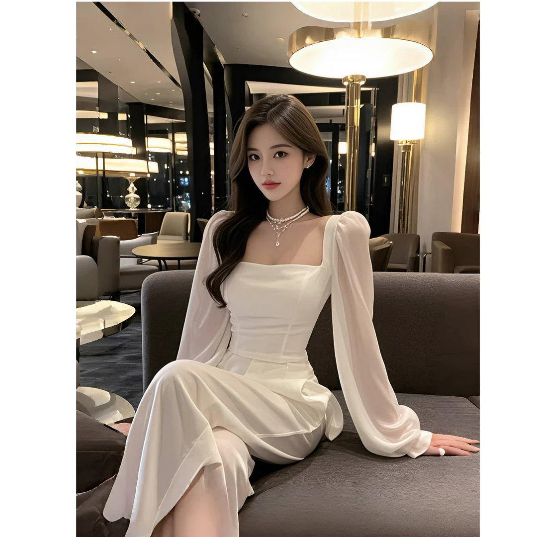 白色方领上衣秋冬新款秋冬新款高级感气质名媛简约上衣显瘦裤子