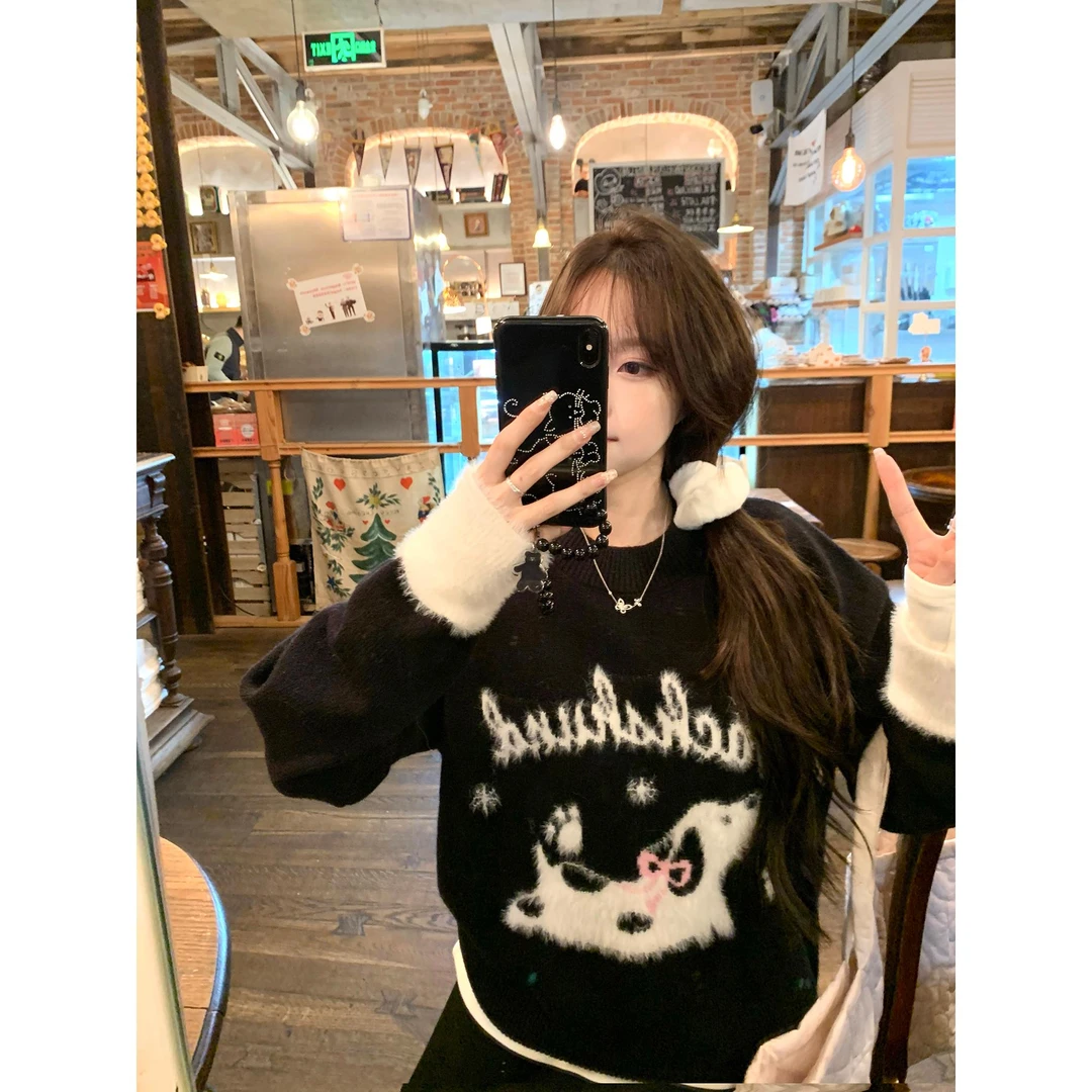 【斑点小狗】韩系甜美少女2024冬季新款可爱图案宽松百搭套头毛衣