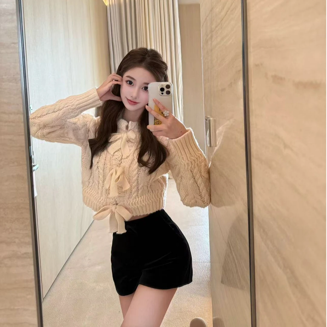 韩系甜美少女2024冬季新款减龄蝴蝶结绑带针织开衫上衣配高腰短裤