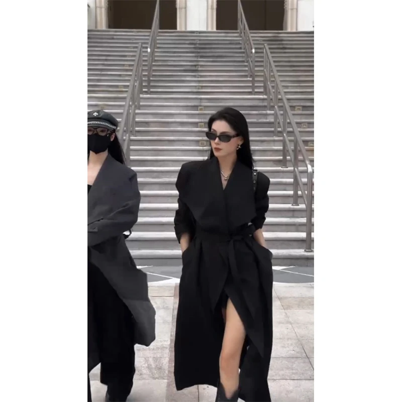 韩系气质女神2024秋季新款高级感廓形系带收腰长款风衣外套女