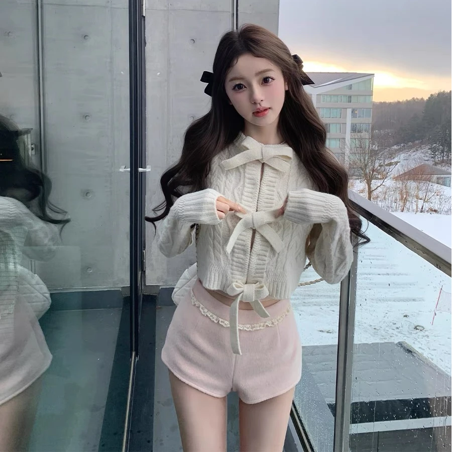 【巴黎香香】法式甜美少女2024冬季新款减龄蝴蝶结针织开衫毛呢短裤