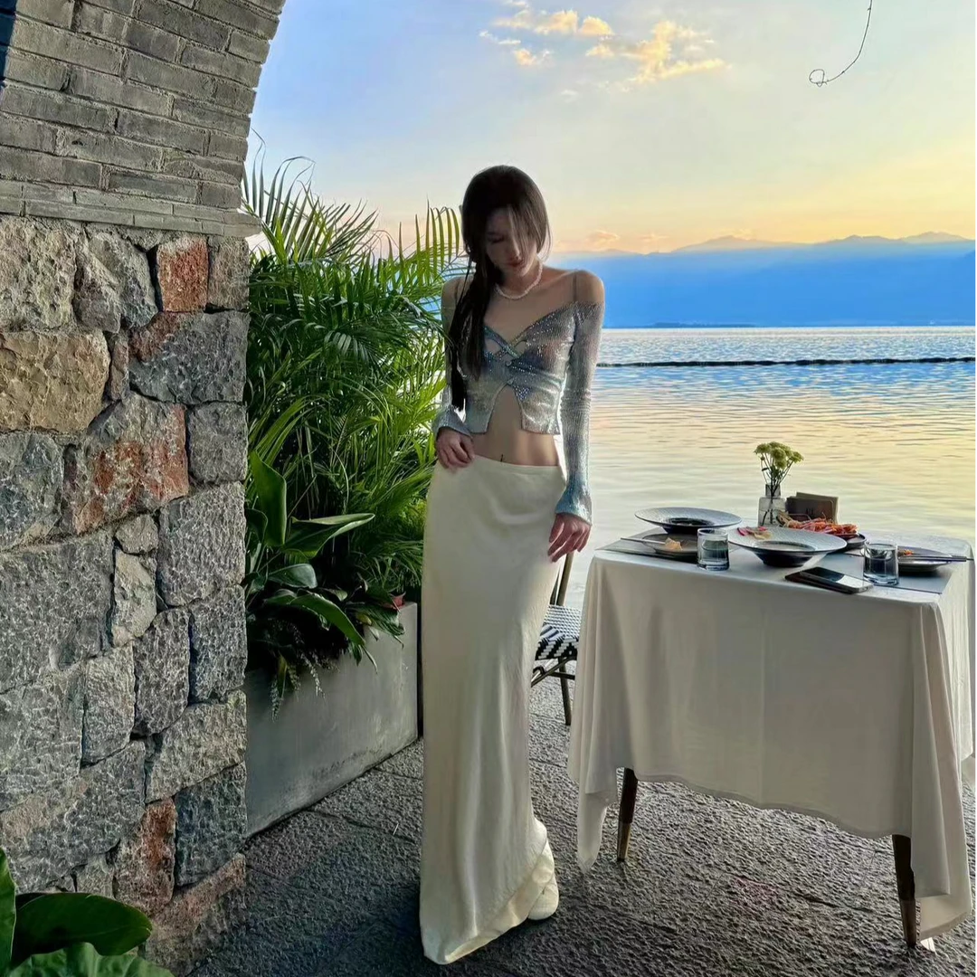2024秋季新款纯欲甜辣风设计感露肩短款长袖上衣女配高腰半身裙