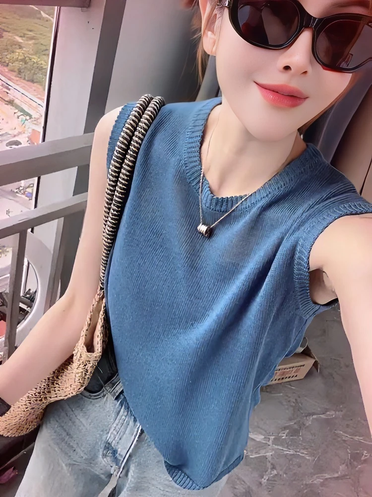 蓝色薄款冰丝针织衫背心夏季女装显瘦时髦洋气百搭V领无袖t恤上衣