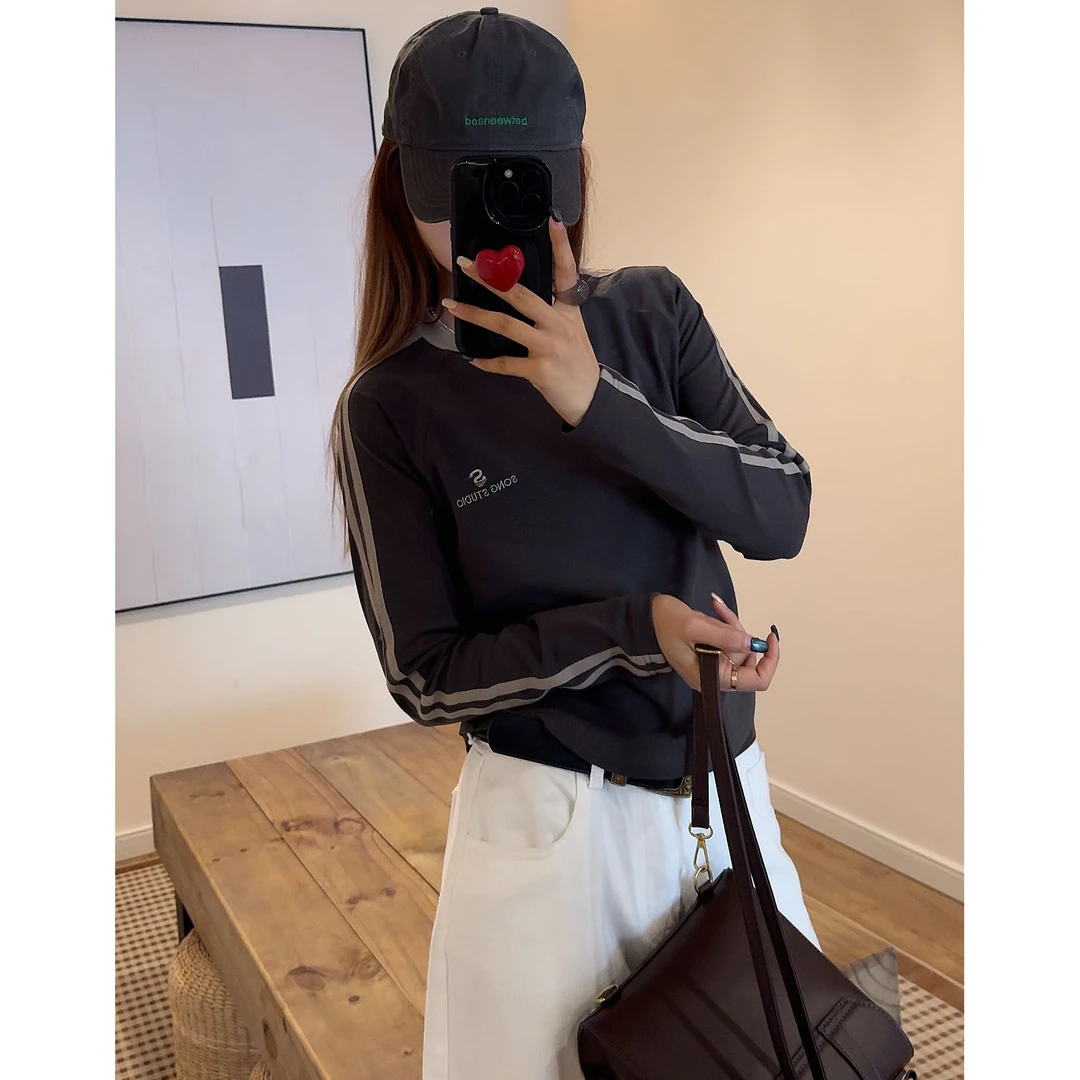 【浮力款】2024新款修身长袖女手臂条杠圆领长袖百搭打底