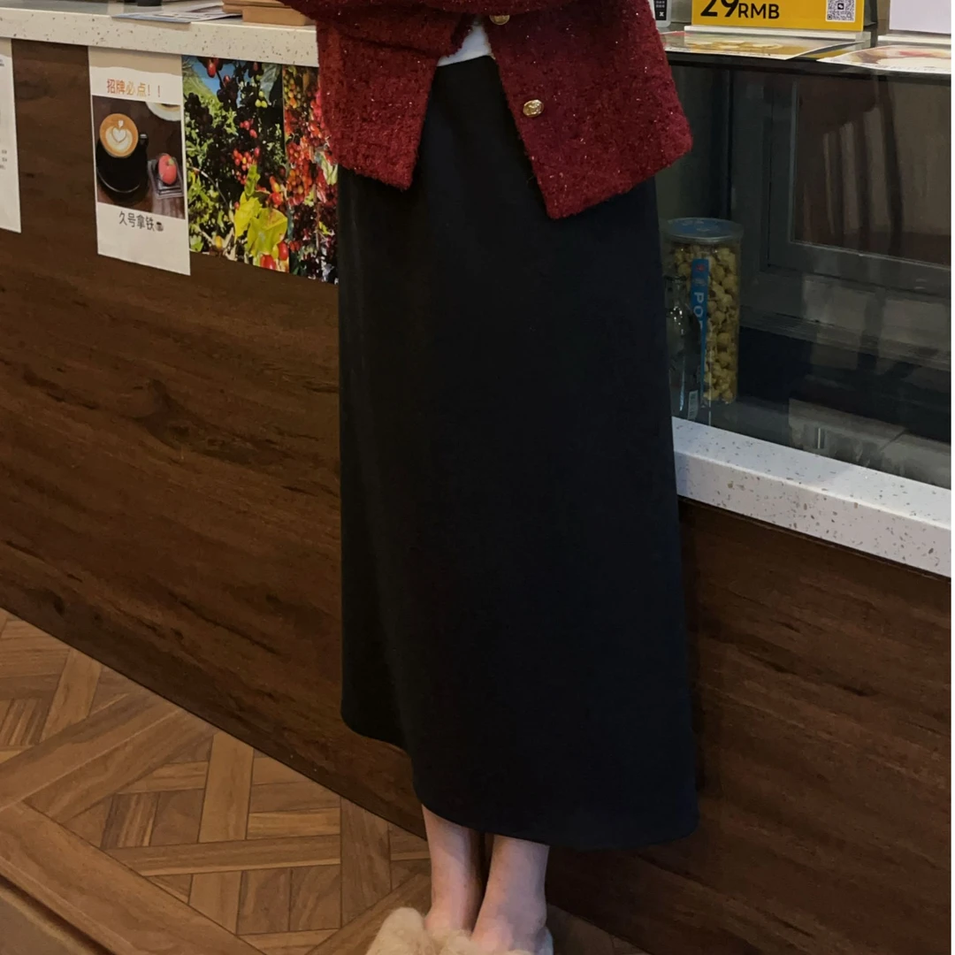 【原歌】春款简约百搭毛呢松紧腰半身裙女YG250