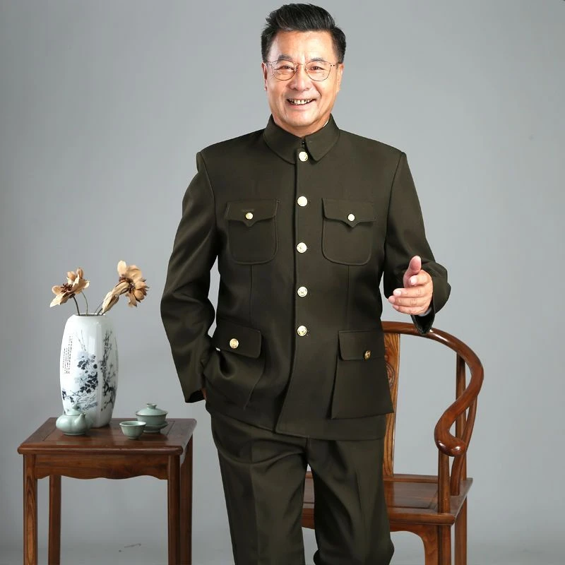 高档军绿色中老年中山装男士老式老人爸爸装正宗套装中山服便装