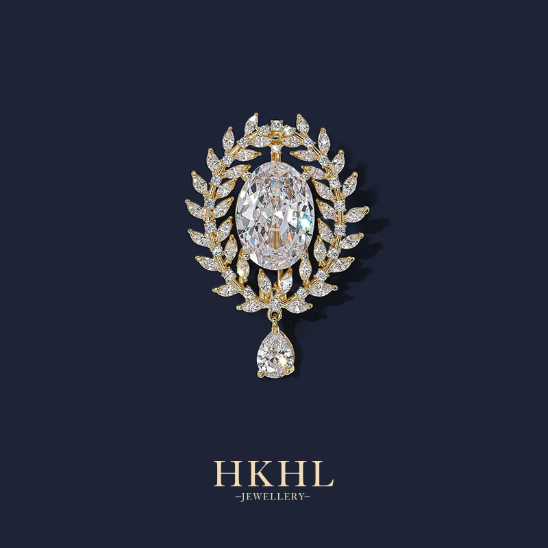 铜合成锆石胸针 HKHL 满钻和平橄榄枝胸针女士 气质轻奢高级高